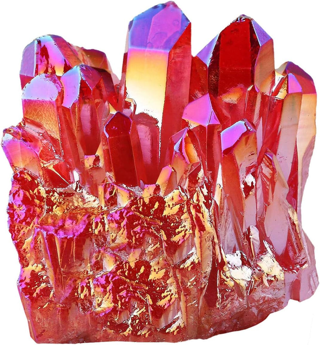 mookaitedecor Titanium Coated Natural Rock Crystal Cluster Geode Stone Specimen, Red