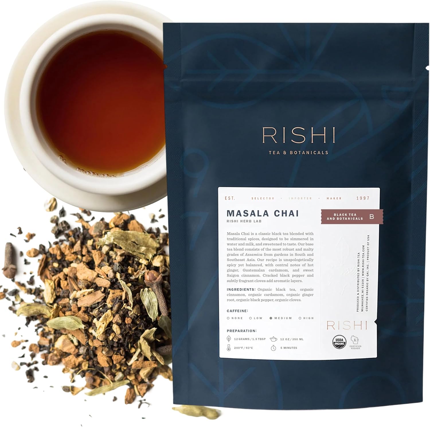 Rishi Tea Masala Chai Black Loose Leaf Tea Blend - Organic, Assam with Whole Spices, Energizing & Caffeinated - 4 Ounces, 9+ Servings