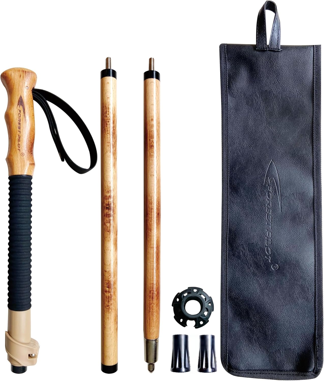 FOREST PILOT Trekking Poles- 1-pc Pack - Adjustable Hiking or Walking Stick –Strong, Natural Beech Wood - Quick Adjust Flip-Lock - Beech Wood Grip, Leather Strap