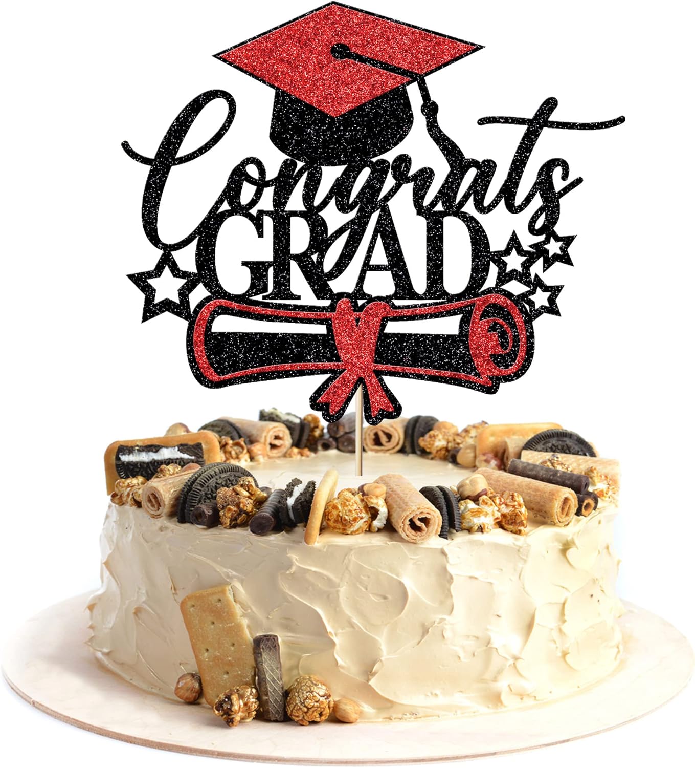 Congrats Grad Cake Toppers - Graduation Party Decorations Ideas - 2025 Graduation Decorations-High School College GraduationParty Supplies (Black red)