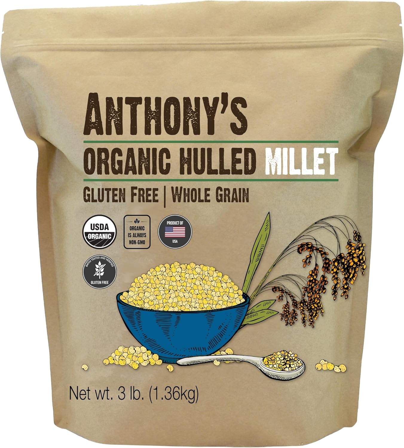 Anthony's Organic Hulled Millet, 3 lb, Gluten Free, Grown in the USA
