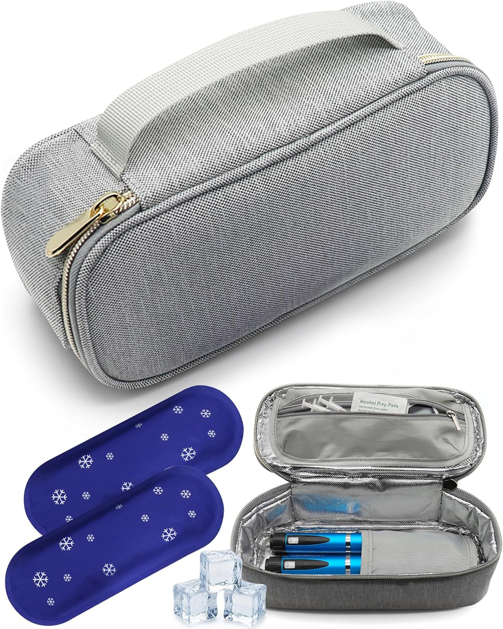 Insulin Cooler Travel Case with 2 * 120g Ice Packs – Insulated Medication Travel Bag for Insulin Pens, Ozempic, Mounjaro & Diabetic Supplies – Portable Medical Cooler with Secure Zipper Pouch (Grey)