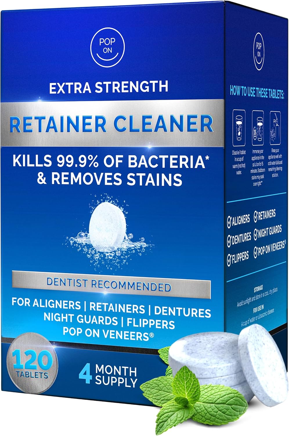 Retainer Cleaner Tablets for Invisalign Approved for Ultrasonic Cleaners -120 Denture Cleaning Tablets for Aligners, Night Guard, Mouth Guard - Denture Cleaner Tablets 4-Month Supply