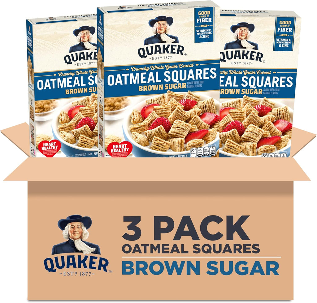 Quaker Oatmeal Squares Breakfast Cereal, Brown Sugar, 14.5oz Boxes (3 Pack)