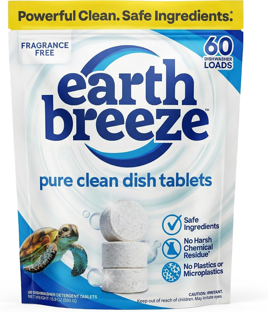 Earth Breeze Dishwasher Detergent Tablets, 60 Count, 100% Plastic-Free Tablets, Free & Clear with No Harsh Chemicals, 3-in-1 Triple Enzyme Formula, Eco-Friendly Dish Washing Pods, HE Safe, Made in USA