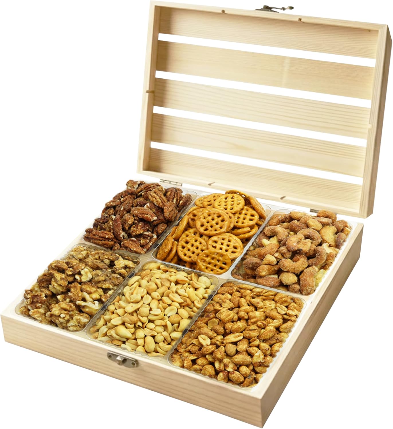 Honey Roasted Mixed Nuts Gift Basket – Pecans, Walnuts, Cashews & Peanuts and Pretzel in Mini Bags, Wooden 6-Compartment Tray, Gourmet Snack Assortment for Gifting