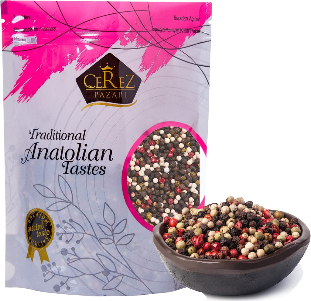 Cerez Pazari Rainbow Peppercorn Blend 7oz, Whole Black, Pink, Green, & White Whole Peppercorns For Grinder Refill, Natural, In Bulk Resealable Bag,
