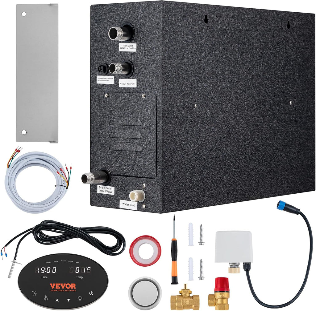 VEVOR Steam Shower Generator, 15 kW, Segmented Heating Temperature Customization & 24h Timer Steam Bath Kit, Automatic Drainage Steam Shower System