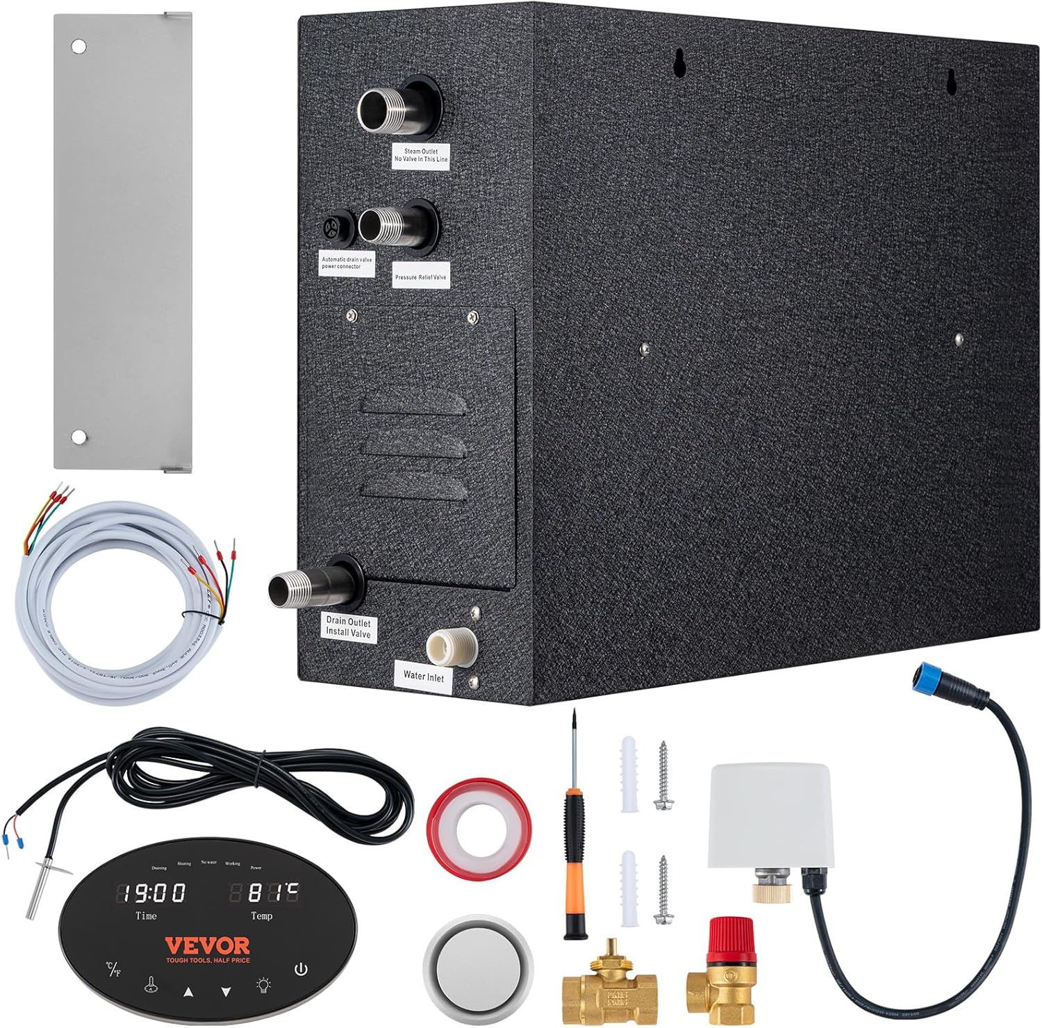 VEVOR Steam Shower Generator, 15 kW, Segmented Heating Temperature Customization & 24h Timer Steam Bath Kit, Automatic Drainage Steam Shower System
