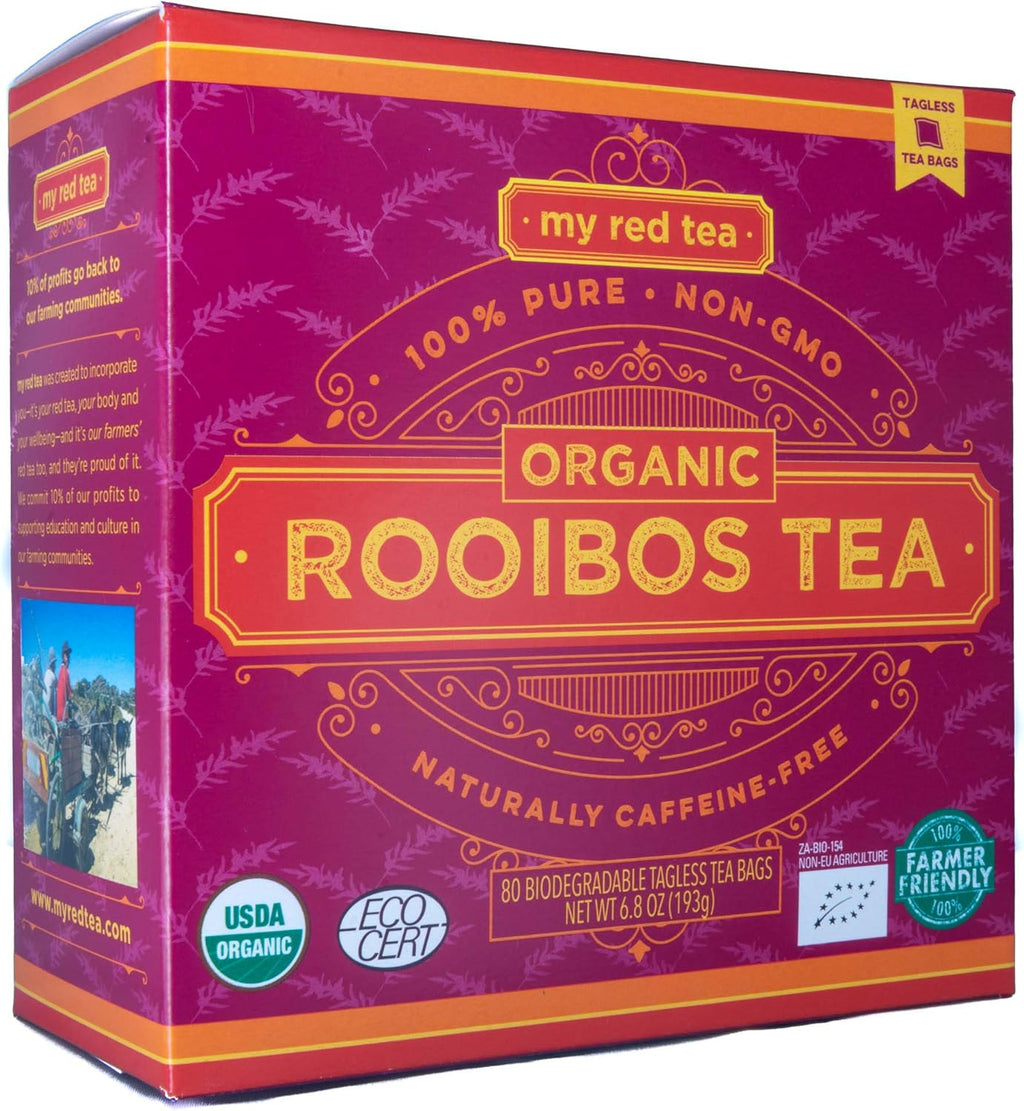 My Red Tea USDA Organic Rooibos Tea 80 Tagless Teabags Single-Origin Farmer-Friendly Caffeine-Free Sustainably Farmed in South Africa Pure & Natural