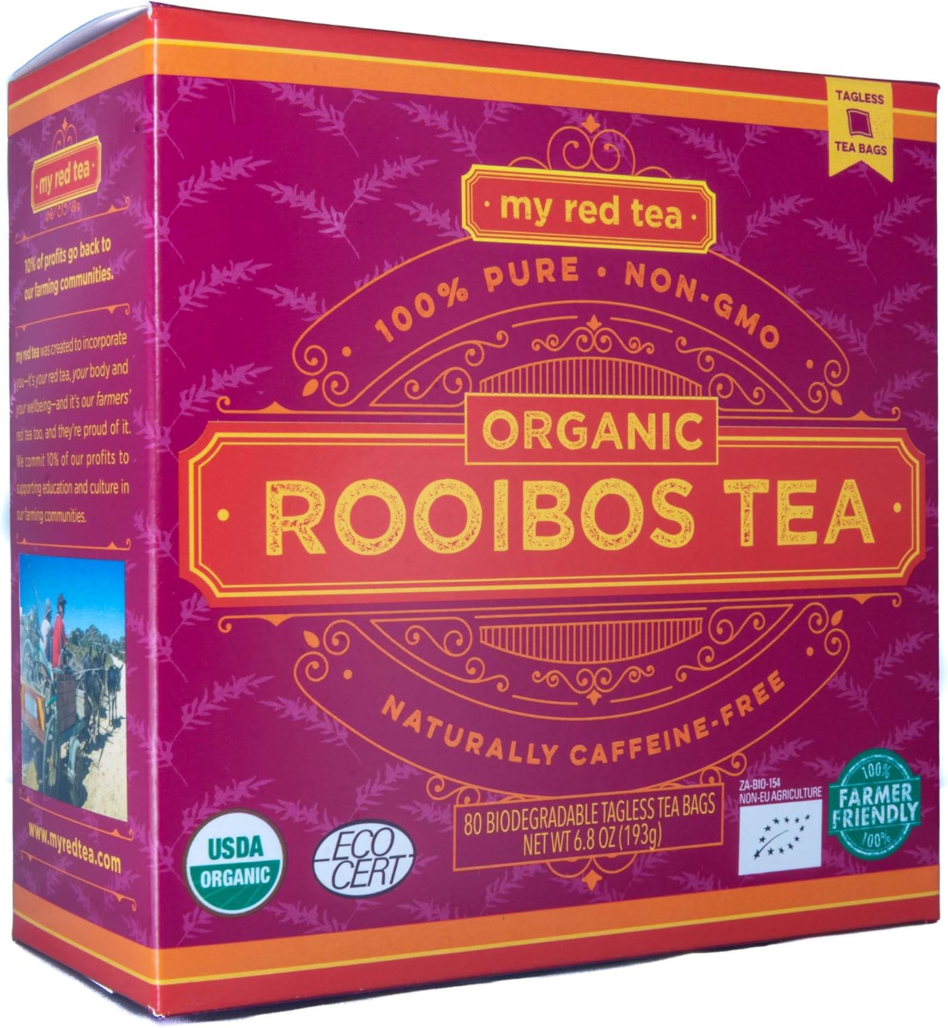 My Red Tea USDA Organic Rooibos Tea 80 Tagless Teabags Single-Origin Farmer-Friendly Caffeine-Free Sustainably Farmed in South Africa Pure & Natural