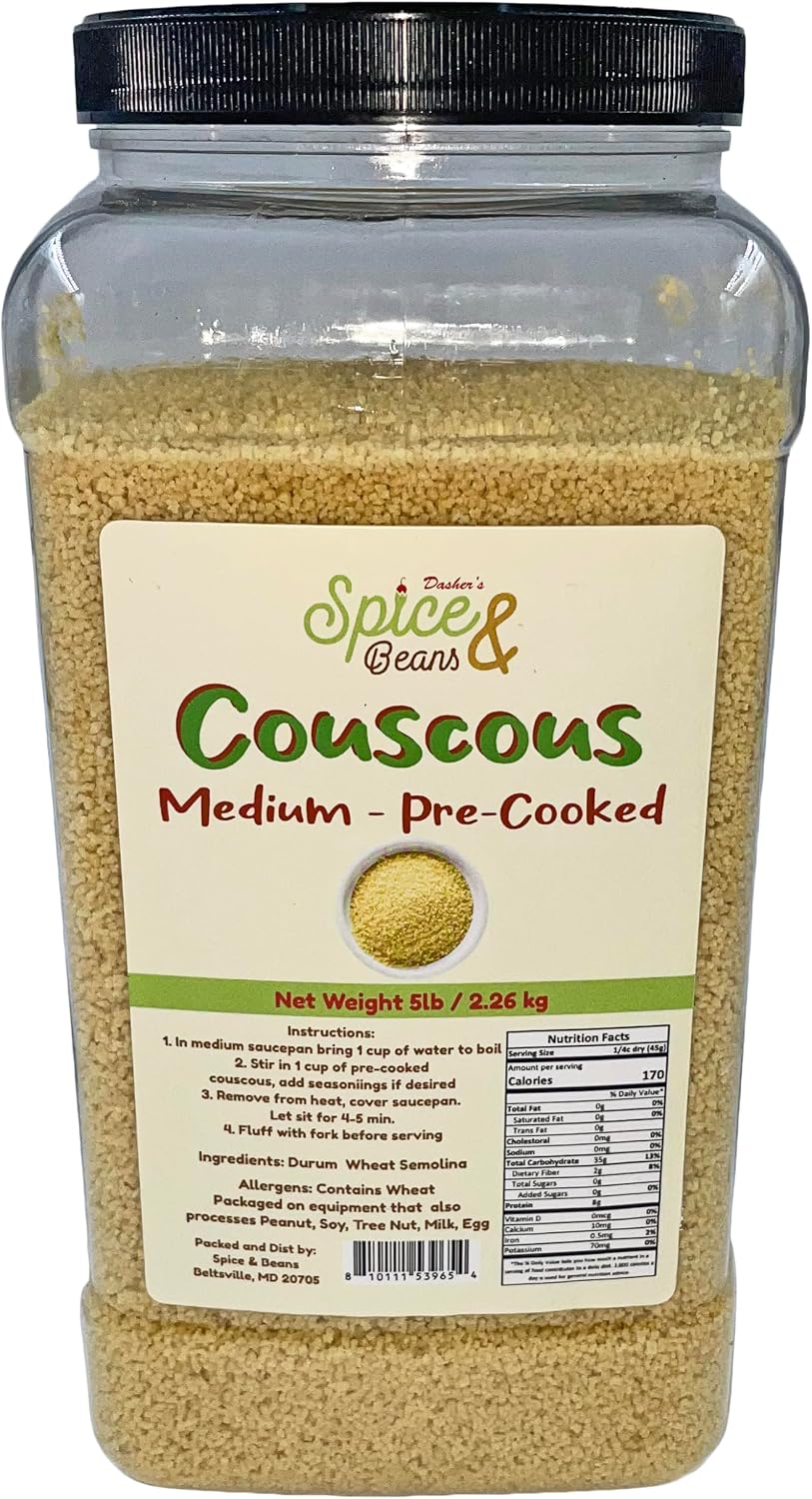 Medium Pre-cooked Couscous | Non-GMO | by Dasher's Spice & Beans | 5 lb. Container