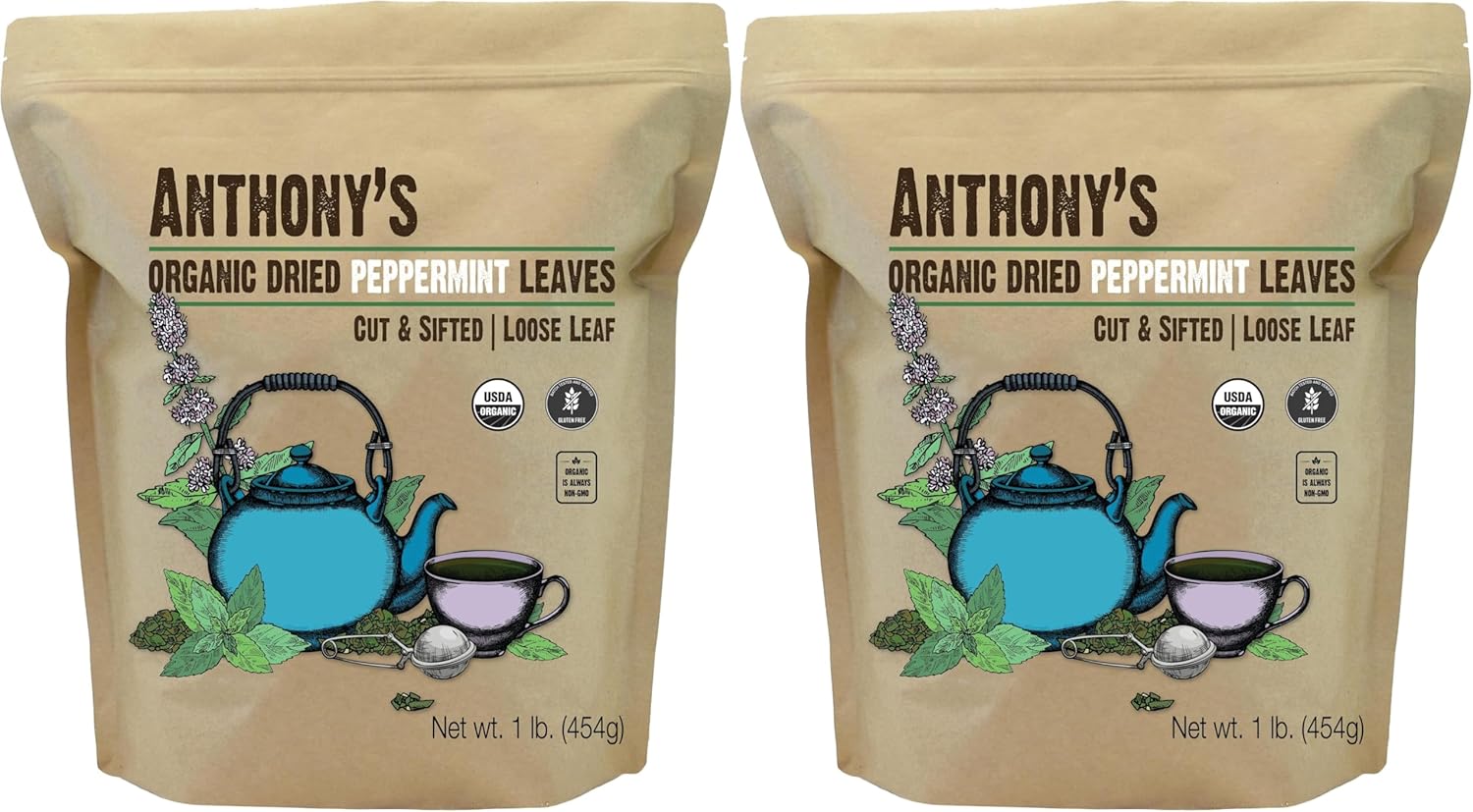 Anthony's Organic Peppermint Leaves, 1 lb, Gluten Free, Non GMO, Cut & Sifted, Keto Friendly (Pack of 2)