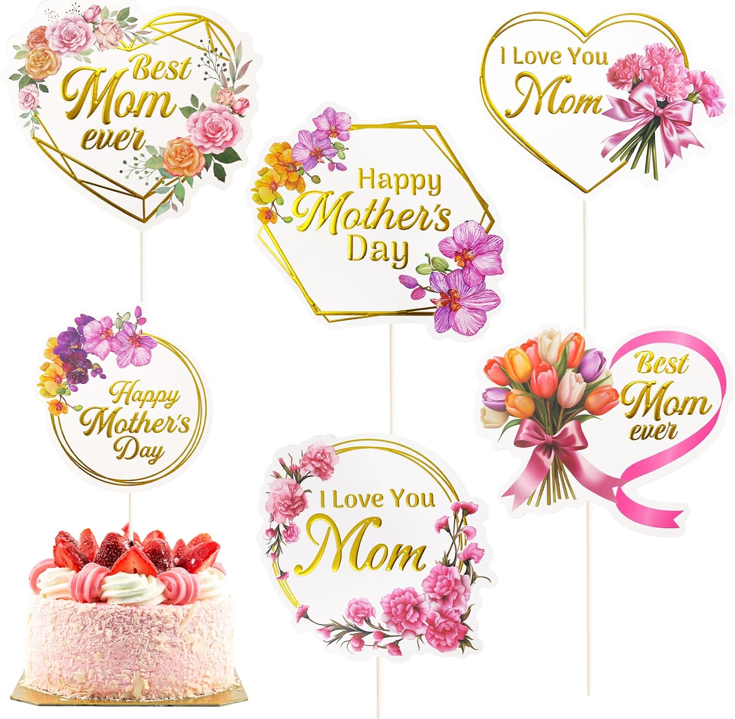 Happy Mother's Day Cake Topper Mothers Day Toppers 12 Pcs Cake Decoration Picks Sticks for Mom Mother Heart Flower Designs Gold Foil