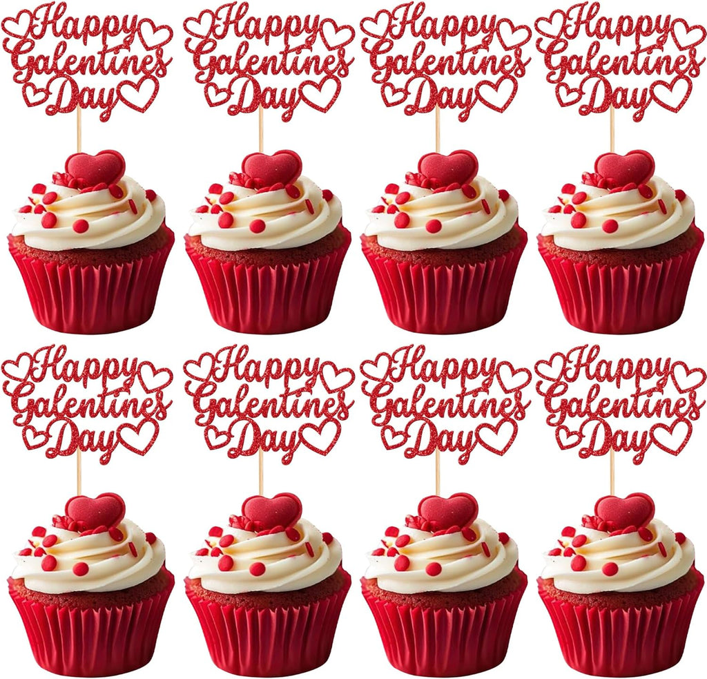 Rsstarxi 24 Pack Happy Galentine's Day Cupcake Toppers Red Glitter Sweet Heart Love You Cupcake Picks for Valentine's Day Theme Wedding Birthday Party Cake Decorations Supplies