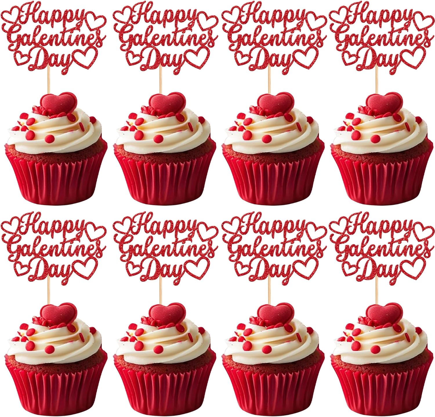 Rsstarxi 24 Pack Happy Galentine's Day Cupcake Toppers Red Glitter Sweet Heart Love You Cupcake Picks for Valentine's Day Theme Wedding Birthday Party Cake Decorations Supplies