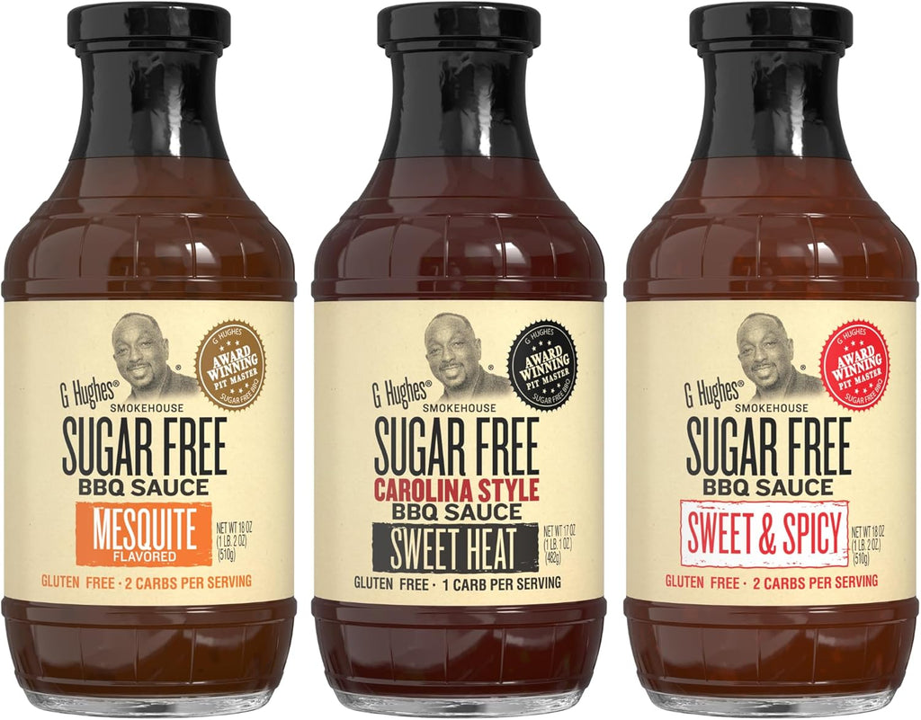 G Hughes Sugar Free Mesquite, Carolina Style Sweet Heat, Sweet & Spicy BBQ Sauce Variety Pack - Gluten Free Sauces - 18 Oz (3-Pack)