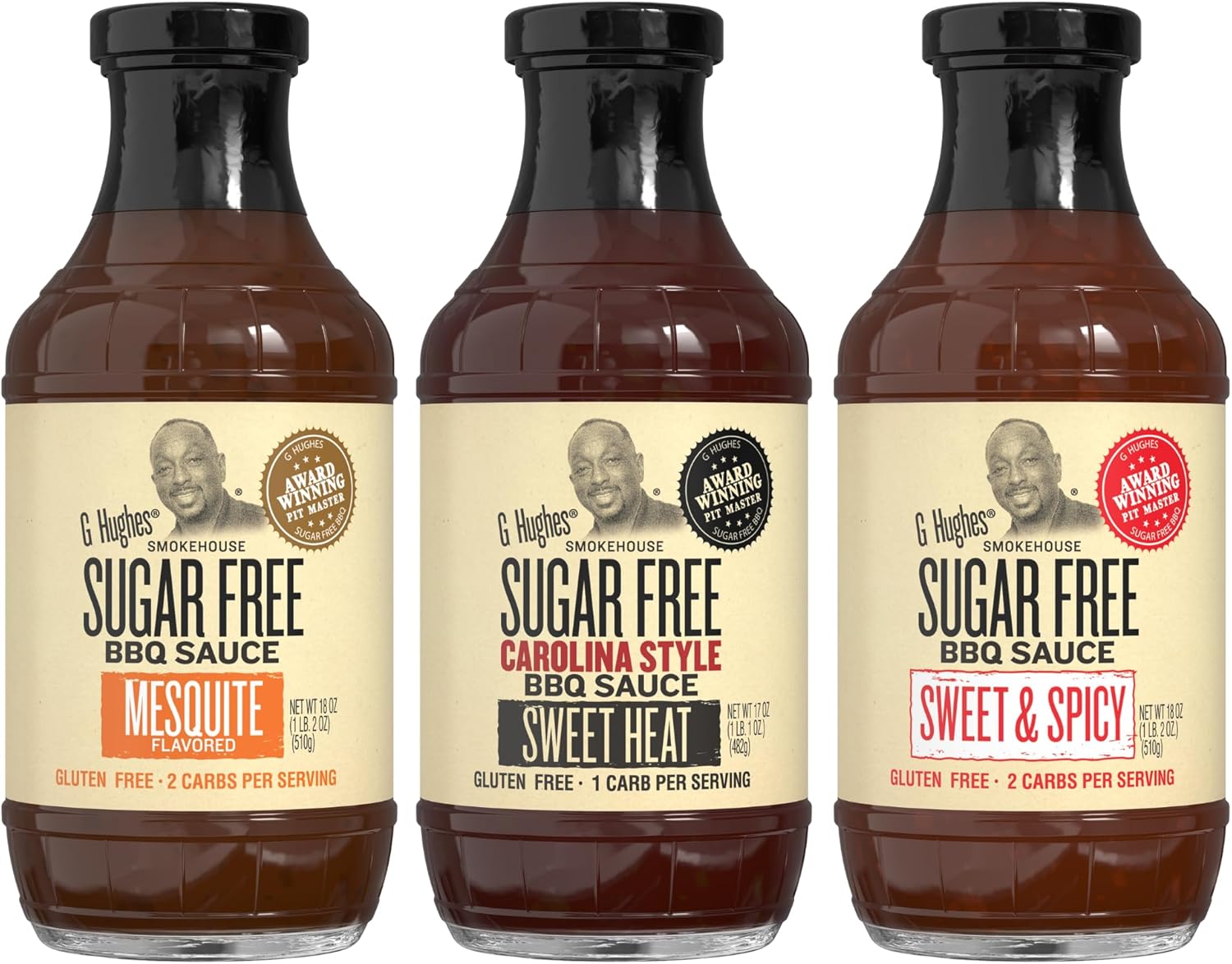G Hughes Sugar Free Mesquite, Carolina Style Sweet Heat, Sweet & Spicy BBQ Sauce Variety Pack - Gluten Free Sauces - 18 Oz (3-Pack)