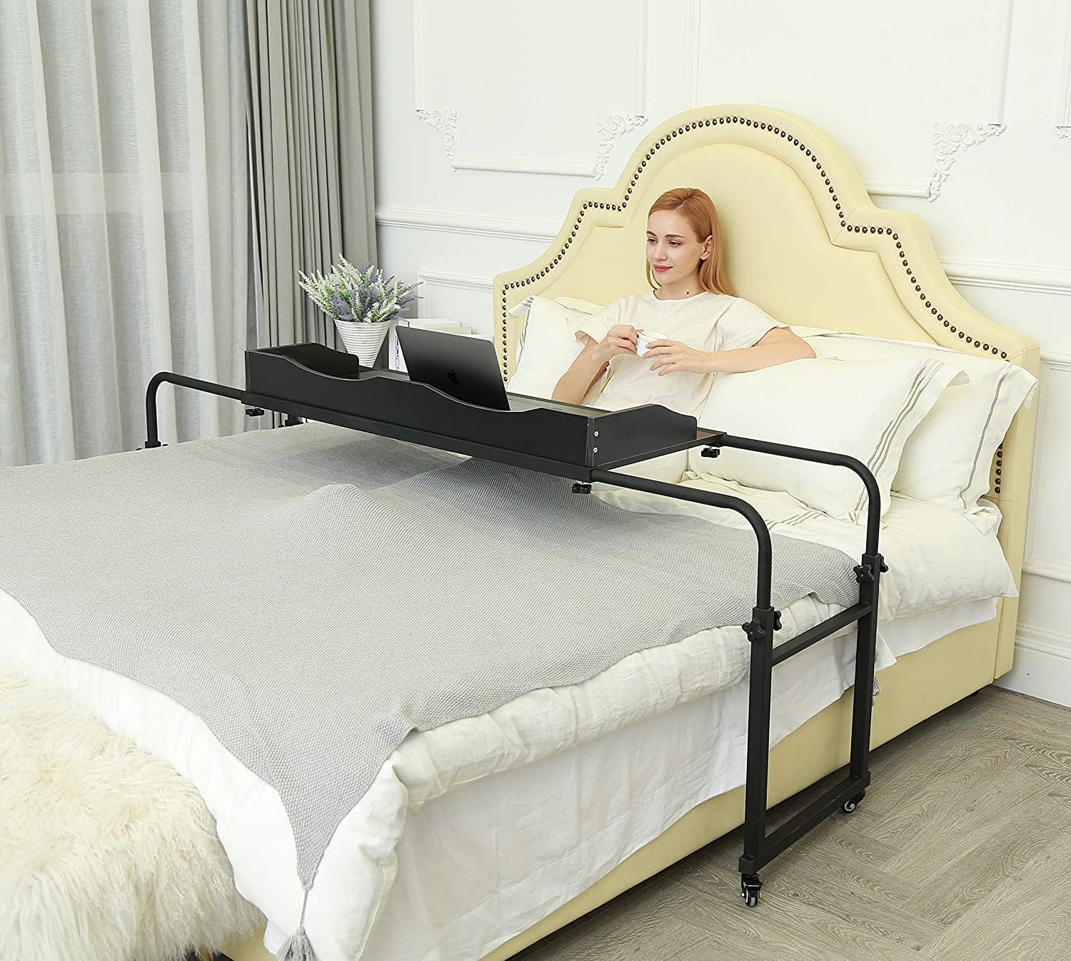 UNICOO Adjustable Overbed Table, Over The Bed Table with Wheels, Medical Overbed Table with Wheels Adjustable Height, Rolling Desk for Full/Queen/King Bed, Sturdy Wood & Steel Frame (Black)