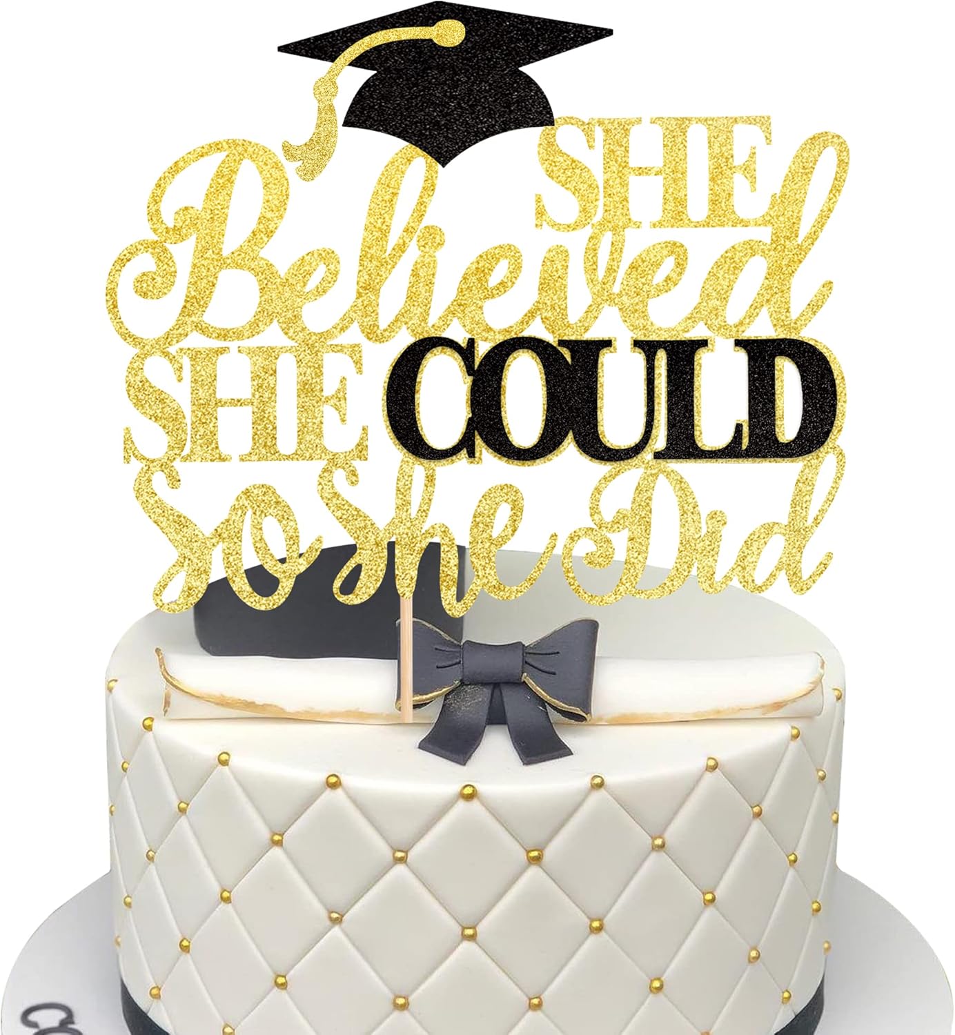 1 PCS She Believed She Could So She Did Cake Topper with Glitter Grad Cap Cake Pick Class of 2026 Senior Graduation Cake Decoration for 2026 Graduation Theme Party Decorations Supplies Black Gold