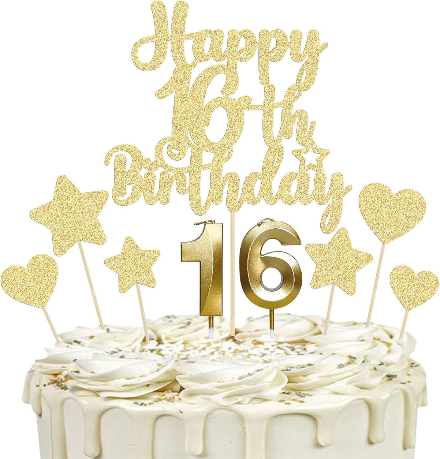 Gyufise 15Pcs Happy 16th Birthday Cake Topper Set with Heart Star Glitter Cheers to 16 Years Cake Picks Number 16 Candles Cake Decorations for Happy 16th Birthday Anniversary Party Supplies Gold