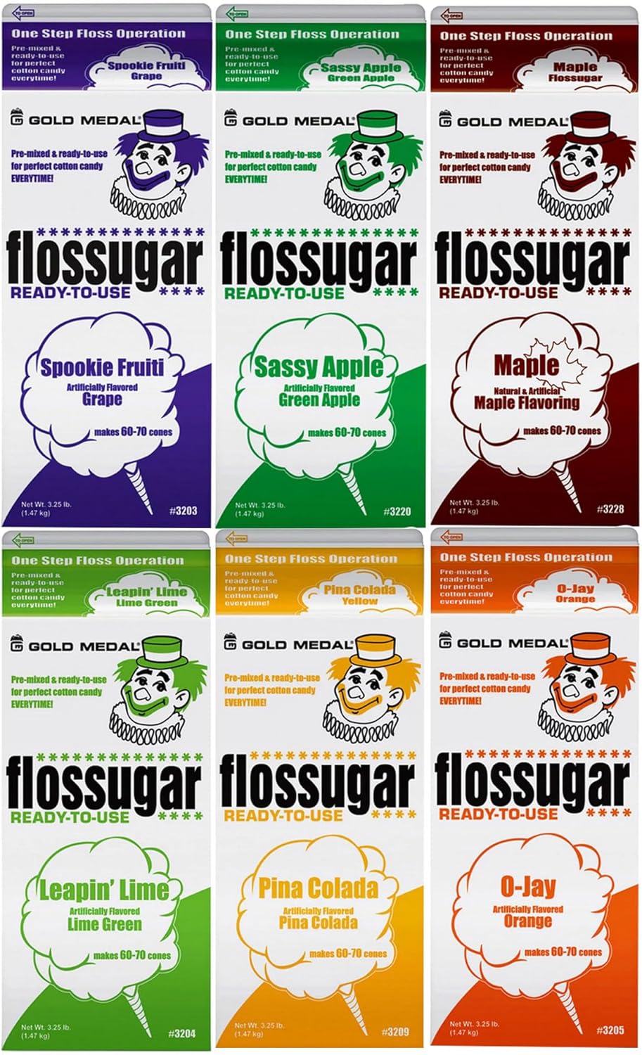 Cotton Candy Floss sugar Mix Flavors | Pack Of 6 | Grape, Green Apple, Maple, Lime Green, Pina Colada and Orange Flavors | 1/2 Gallon Cartons