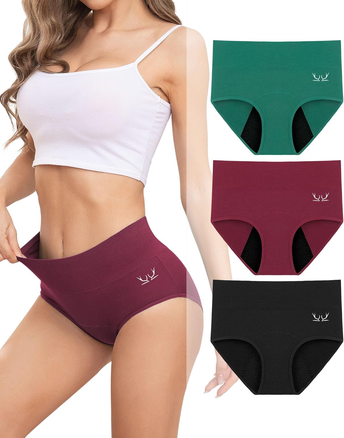 Rdiner Heavy Flow High Absorbency Period Underwear Women, Leakproof Panties Postpartum Menstrual Hipster Briefs Teens 3 Pack