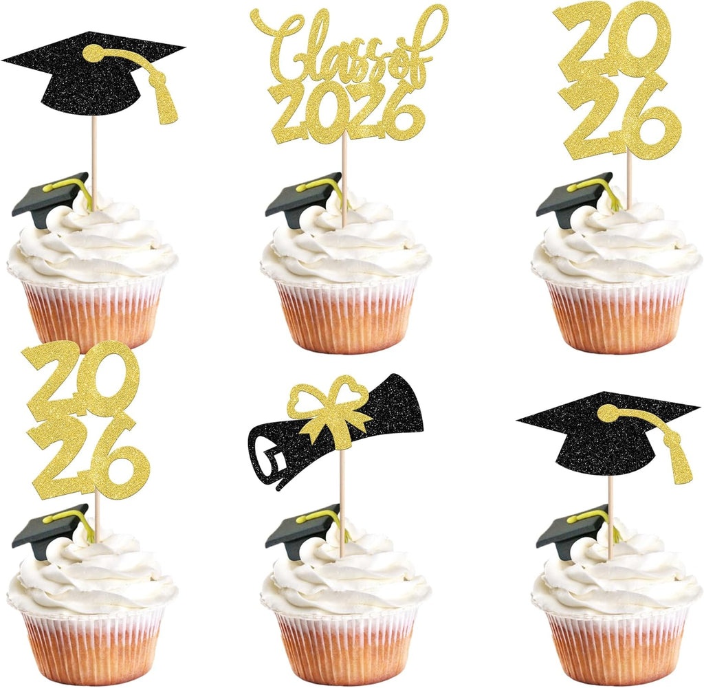 24 PCS 2026 Graduation theme Cupcake Toppers Glitter Congrats Grad Diploma 2026 Graduation Cap Cupcake Picks Class of 2026 Cake Decorations for 2026 Graduation Theme Party Supplies Gold