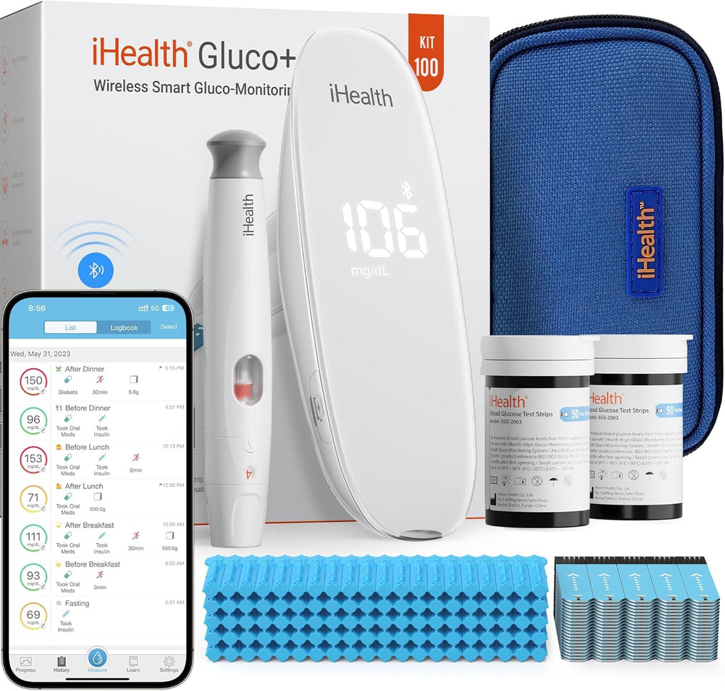 iHealth Gluco+ Wireless Smart Blood Glucose Monitor Kit with Free App, 100 Glucometer Strips, 100 Lancets, 1 Blood Sugar Monitor, 1 Lancing Device, Portable Diabetes Testing Kit for Home Use