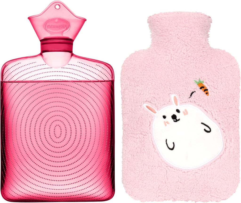 samply Hot Water Bottle with Cute Fleece Cover, 2Liter Water Bag for Hot and Cold Compress, Hand Feet Warmer, Neck and Shoulder Pain Relief, Pink Rabbit