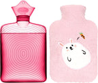samply Hot Water Bottle with Cute Fleece Cover, 2Liter Water Bag for Hot and Cold Compress, Hand Feet Warmer, Neck and Shoulder Pain Relief, Pink Rabbit