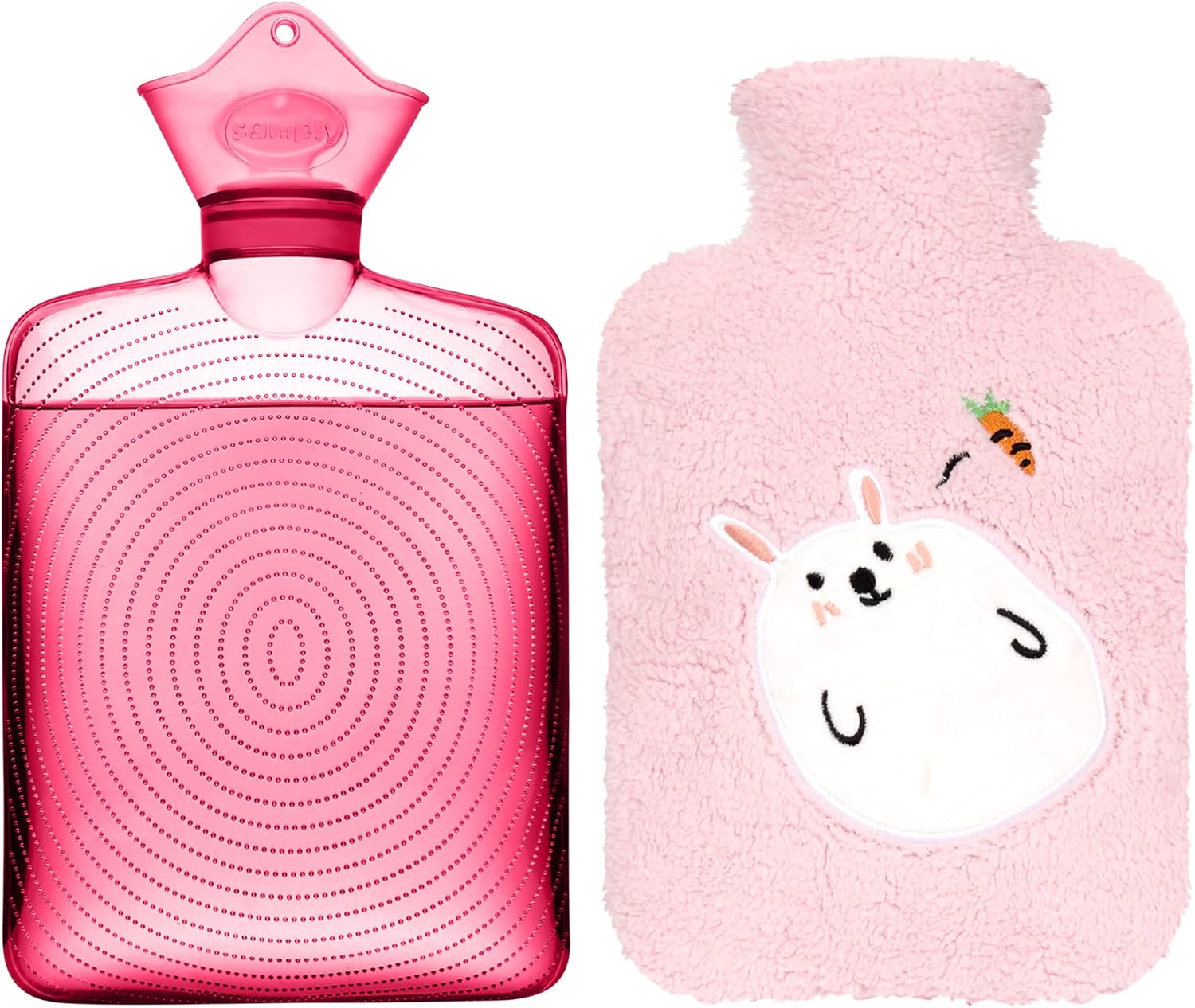 samply Hot Water Bottle with Cute Fleece Cover, 2Liter Water Bag for Hot and Cold Compress, Hand Feet Warmer, Neck and Shoulder Pain Relief, Pink Rabbit