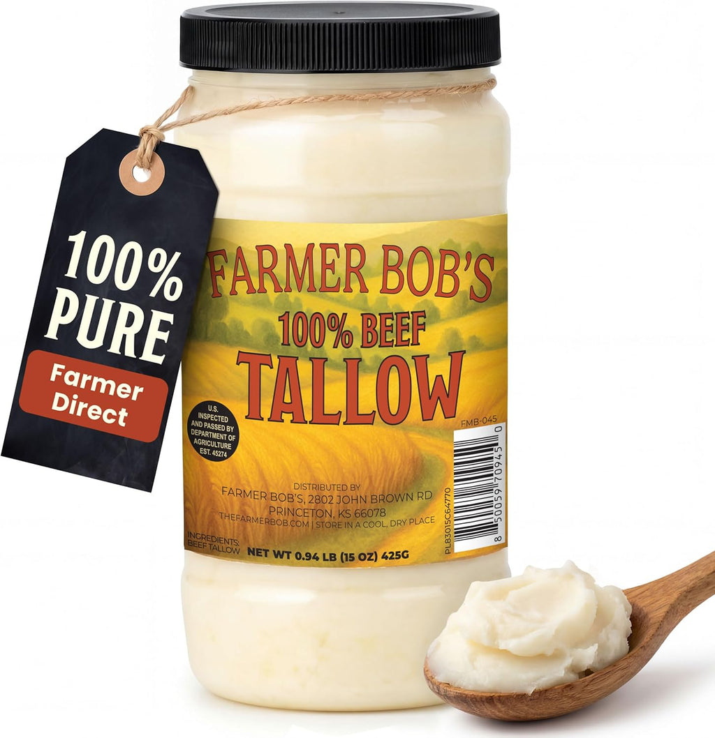 Farmer Bob's Beef Tallow for Cooking 15oz Jar 100% Pure Rendered Beef Fat for Cooking Frying & Grilling Keto, Paleo, Carnivore Diet Friendly USA Made High Smoke Point Zero Additives Soap Making