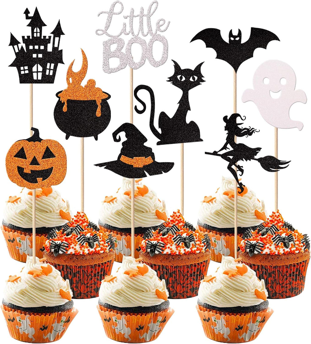 Rsstarxi 36 Pack Halloween Cupcake Toppers Glitter Bat Little Boo Pumkin Cupcake Picks Witch Hat Spooky Ghost Castle Cat Cake Decorations for Halloween Theme Baby Shower Kids Birthday Party Supplies