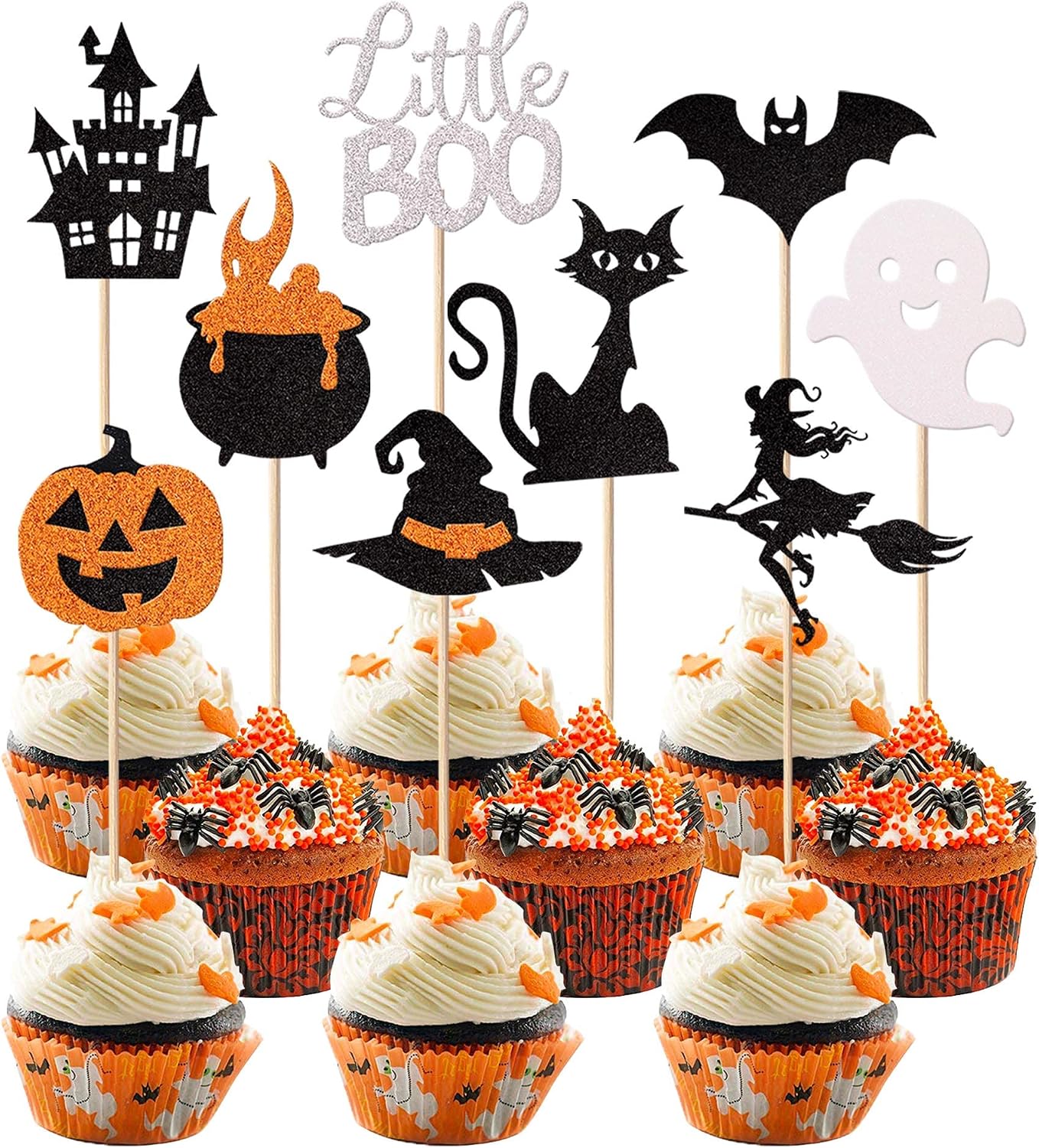 Rsstarxi 36 Pack Halloween Cupcake Toppers Glitter Bat Little Boo Pumkin Cupcake Picks Witch Hat Spooky Ghost Castle Cat Cake Decorations for Halloween Theme Baby Shower Kids Birthday Party Supplies