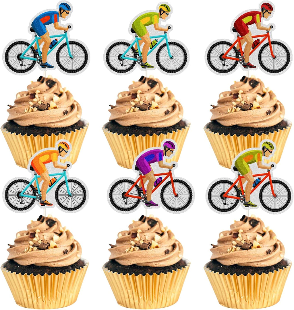Bicycle Cupcake Toppers, Kids & Adult Birthday Party Decorations, Bike Theme Racing Party Supplies (Rainbow Glitter) 18Pcs..