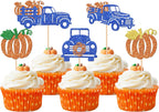 30 PCS Truck Pumpkin Cupcake Toppers Dark Blue Glitter Fall Theme Truck Cupcake Picks for Harvest Pumpkin Thanksgiving Theme Baby Shower Kids Birthday Party Cake Decorations Supplies