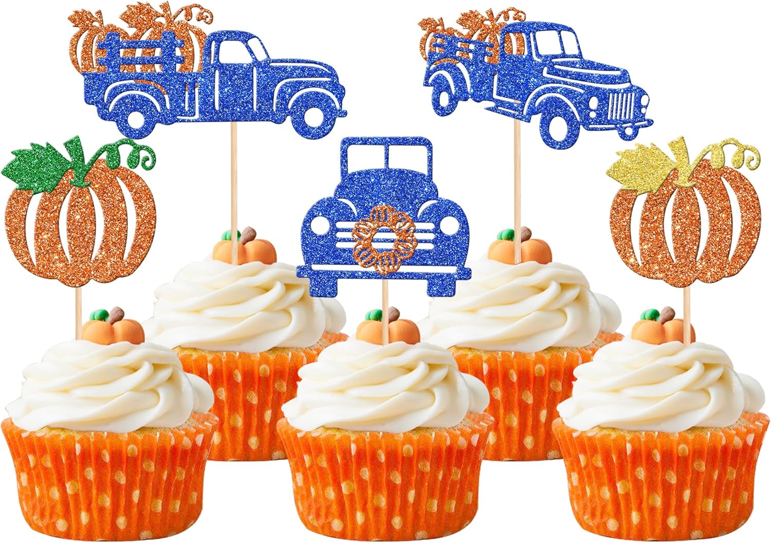 30 PCS Truck Pumpkin Cupcake Toppers Dark Blue Glitter Fall Theme Truck Cupcake Picks for Harvest Pumpkin Thanksgiving Theme Baby Shower Kids Birthday Party Cake Decorations Supplies