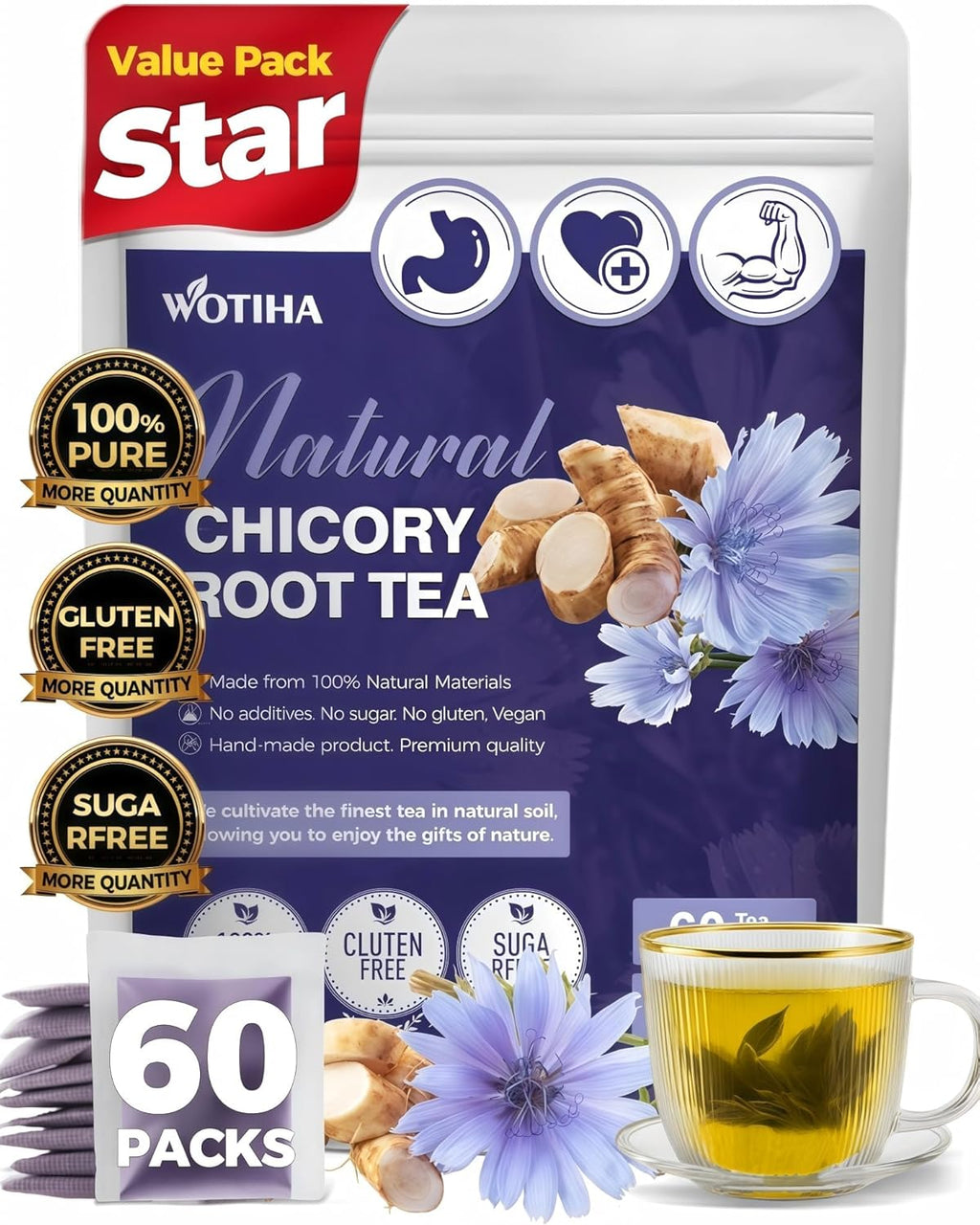 WOTIHA 60 Count Premium Chicory Root Tea Bags - 100% Pure Chicory Root, Coffee Alternative, Liver Health Support, Rich in Antioxidants, Caffeine-Free, Additive-Free, Sugar-Free, Vegan.Non-GMO
