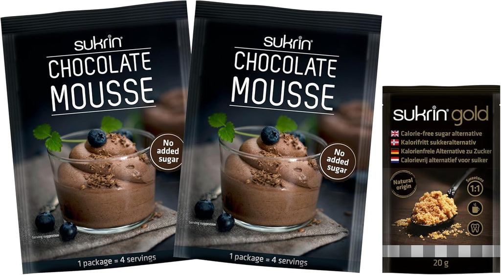 Sukrin Chocolate Mousse Mix + Sukrin Gold Sweetener Sachet - Sugar-Free, Low-Calorie, Low-Carb, Keto-Friendly, No Artificial Colors, Includes 2x Chocolate Mousse Mix Packs and 1x Sukrin Gold Sachet 20g