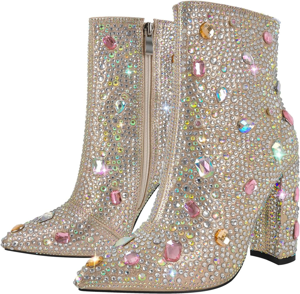 richealnini Rhinestones Ankle Boots with Side Zippers Mid Top Block Heels Sparkly Zip Up Short Booties