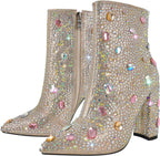 richealnini Rhinestones Ankle Boots with Side Zippers Mid Top Block Heels Sparkly Zip Up Short Booties