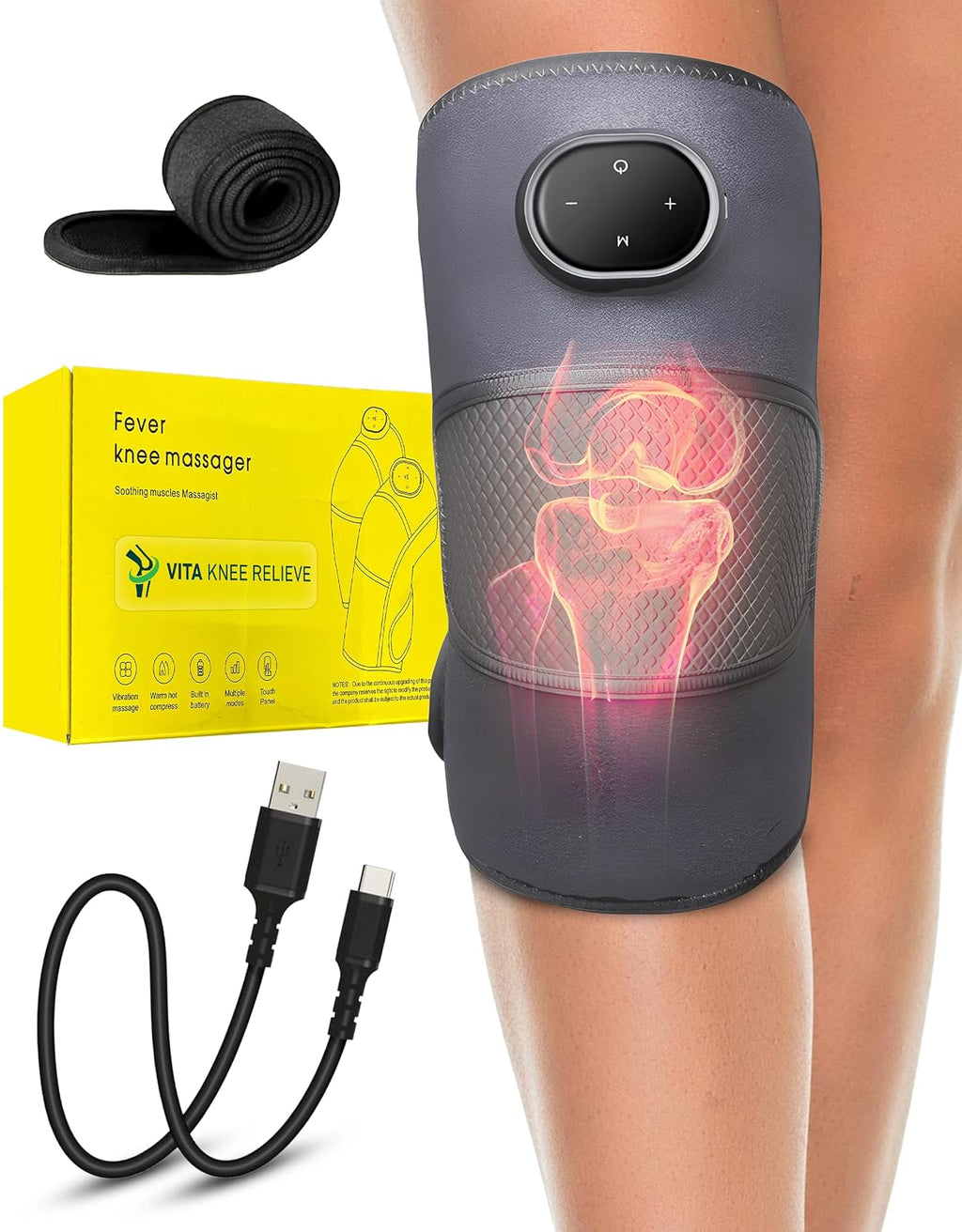 Vita Knee Relief Massager with Heat and Compression Cordless Knee Massager 3 Modes for Pain Relief Arthritis Heated Brace Knee Therapy Device Portable Elbow Shoulder Brace Unisex 5 Heat Levels