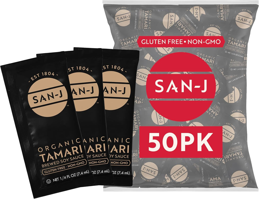 San-J - Organic Gluten Free Tamari Soy Sauce - Made with 100% Whole Soy - Specially Brewed - 1/4 oz. Individual Portioned Packets - 50 Pack