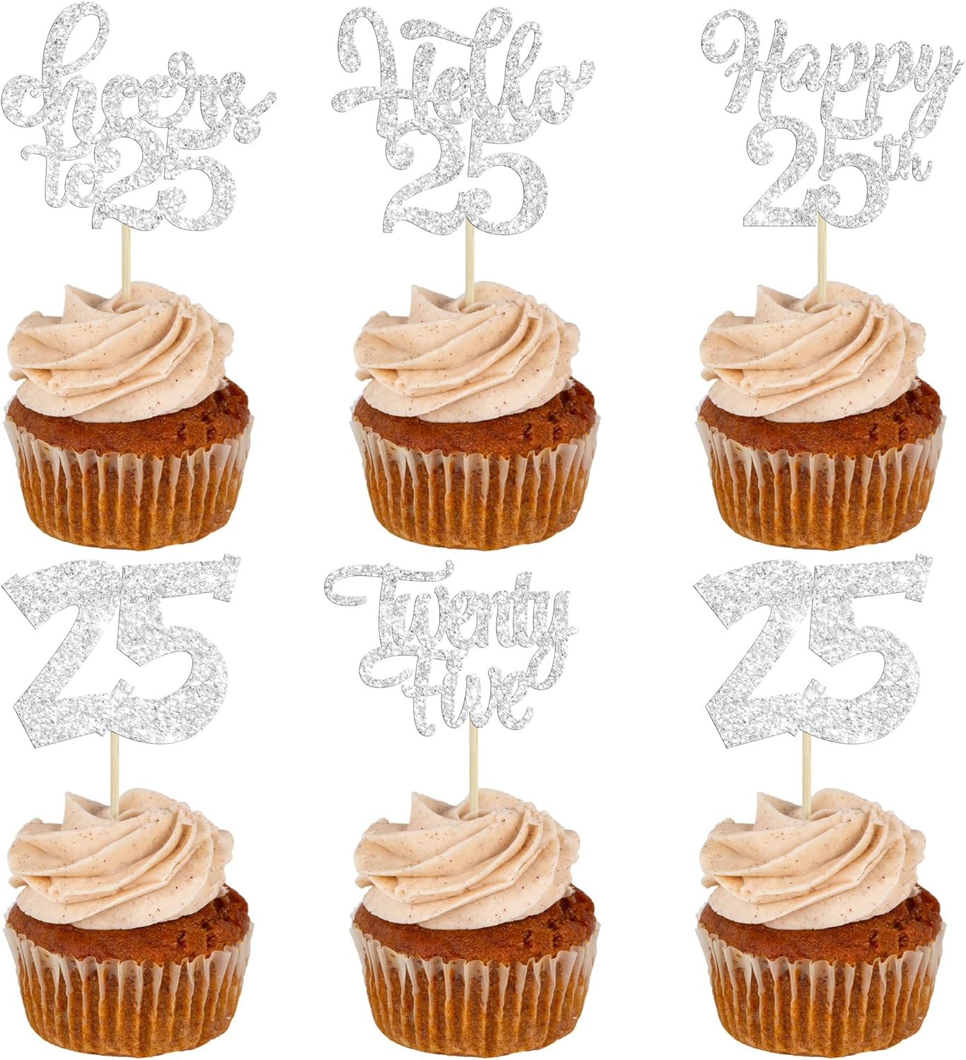 30Pcs 25th Birthday Cupcake Toppers Twenty Five Legal 25th Cupcake Picks Cheers to 25 Years Old Cake Decorations for 25th Anniversary Party Supplies Silver Glitter