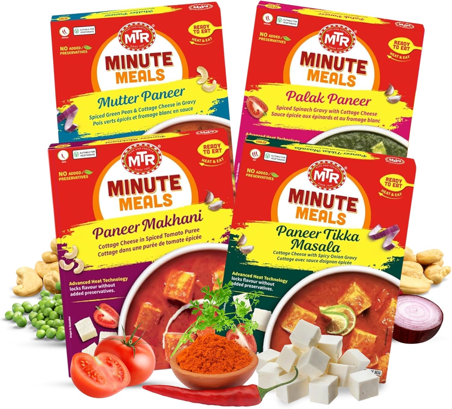 MTR Ready-To-Eat: Exotic Paneer Mix - Assorted Pack of 4 (Mutter Paneer, Palak Paneer, Paneer Makhani, Paneer Tikka Masala) - Authentic Indian Food with No Added Preservatives - Suitable for Vegetarians