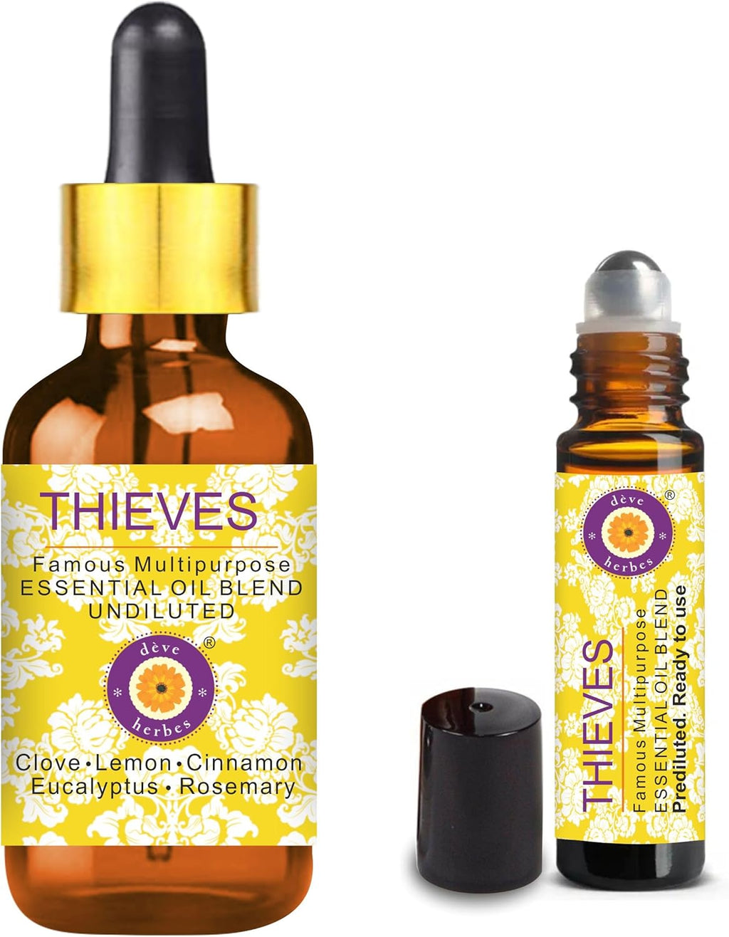 Deve Herbes Thieves Multipurpose Undiluted Essential Oil Blend 100ml (3.38 oz) with Pre-Diluted Ready-to-Use Roll-on 10ml (0.33 oz)