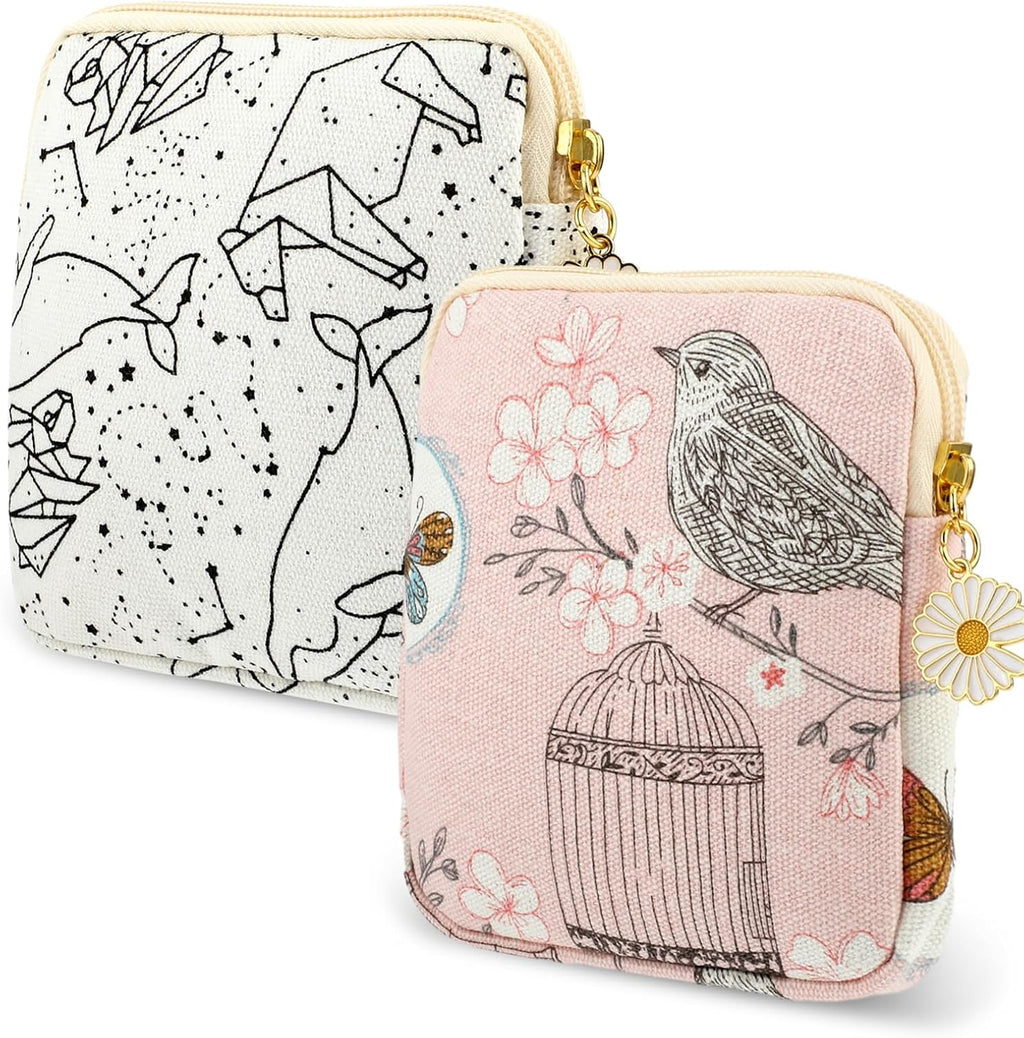 cobee 2PCS Sanitary Pad Storage Bag, Cute Sanitary Napkin Storage Purses Portable Period Bag with Daisy Zipper Panty Liner Tampon Menstrual Cup Nursing Pad Holder Pouch for Girls Women Travel(Bird)