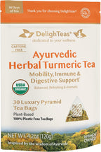 DelighTeas Ayurvedic Herbal Turmeric Tea Bags for Mobility Support | Eco-friendly Compostable Pyramid | Organic Turmeric, Ginger, Lemongrass & Licorice | Caffeine-Free, Kosher | 30 Tea Bags 4g Each