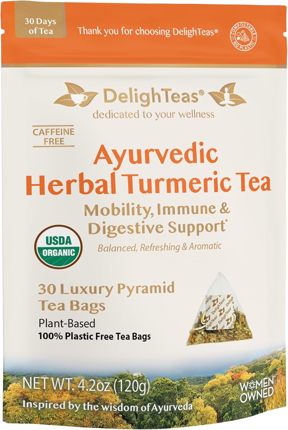 DelighTeas Ayurvedic Herbal Turmeric Tea Bags for Mobility Support | Eco-friendly Compostable Pyramid | Organic Turmeric, Ginger, Lemongrass & Licorice | Caffeine-Free, Kosher | 30 Tea Bags 4g Each